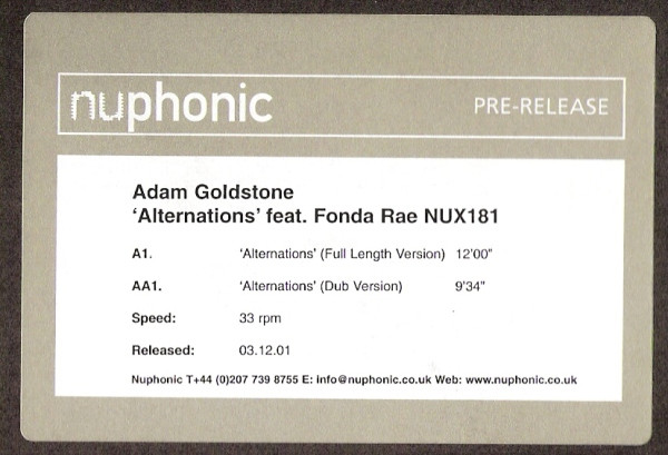 Adam Goldstone Feat. Fonda Rae - Alternations | Nuphonic (NUX181)