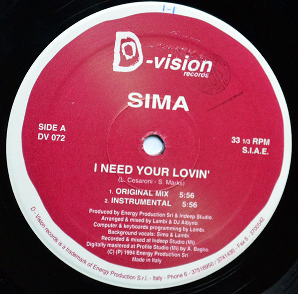 Sima - I Need Your Lovin' | D:vision Records (DV 072) - 3