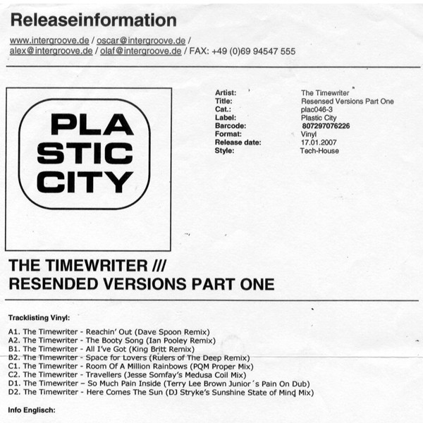 The Timewriter - Resensed Versions Part One | Plastic City (PLAC046-3) The Timewriter - Resensed Versions Part One | Plastic City (PLAC046-3)