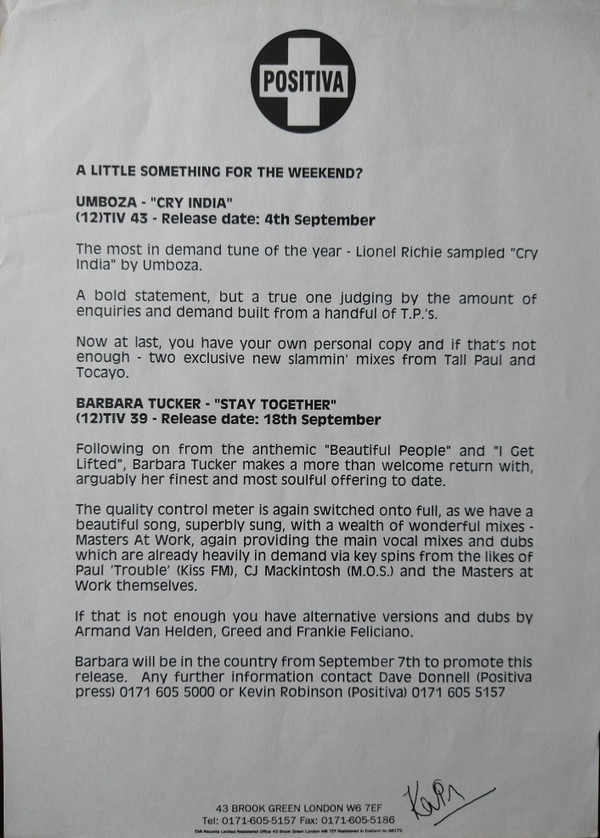 Umboza - Cry India | Positiva (12TIVDJ-43) - 2