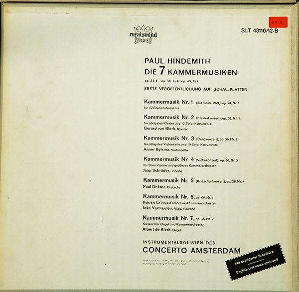 Paul Hindemith - Die 7 Kammermusiken - Die Sogenannten Brandenburgischen | Telefunken (SLT 43110/12-B) - 2