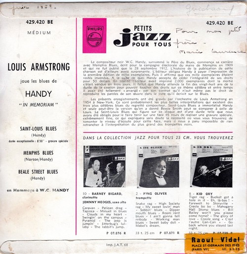 Louis Armstrong - Louis Armstrong Joue Les Blues De Handy "In Memoriam" | Philips (429.420 BE) - 2