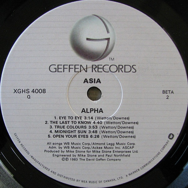 Asia - Alpha | Geffen Records (XGHS 4008) - 4
