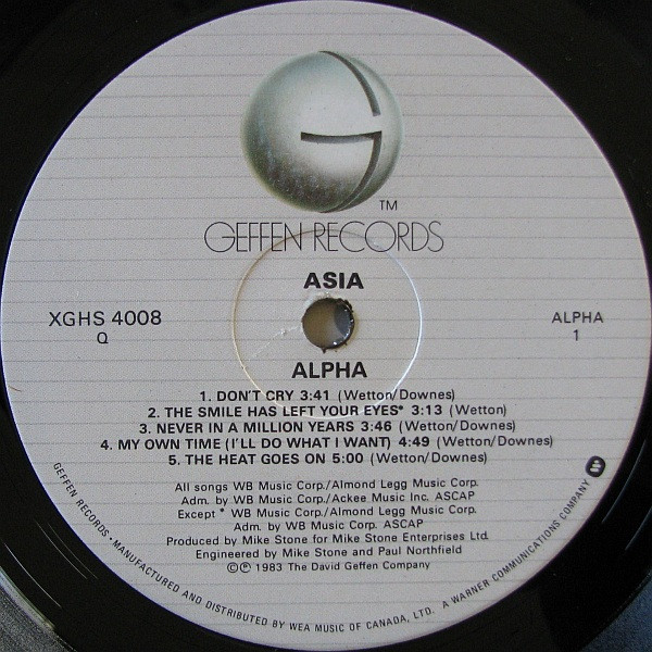Asia - Alpha | Geffen Records (XGHS 4008) - 3
