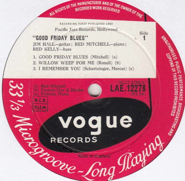 Jim Hall / Red Mitchell / Red Kelly - Good Friday Blues: The Modest Jazz Trio | Vogue Records (LAE 12278) - 3