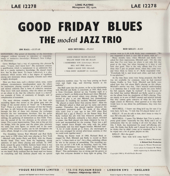 Jim Hall / Red Mitchell / Red Kelly - Good Friday Blues: The Modest Jazz Trio | Vogue Records (LAE 12278) - 2