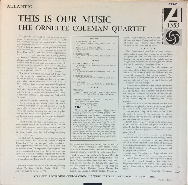 The Ornette Coleman Quartet - This Is Our Music | Atlantic (1353) - 2