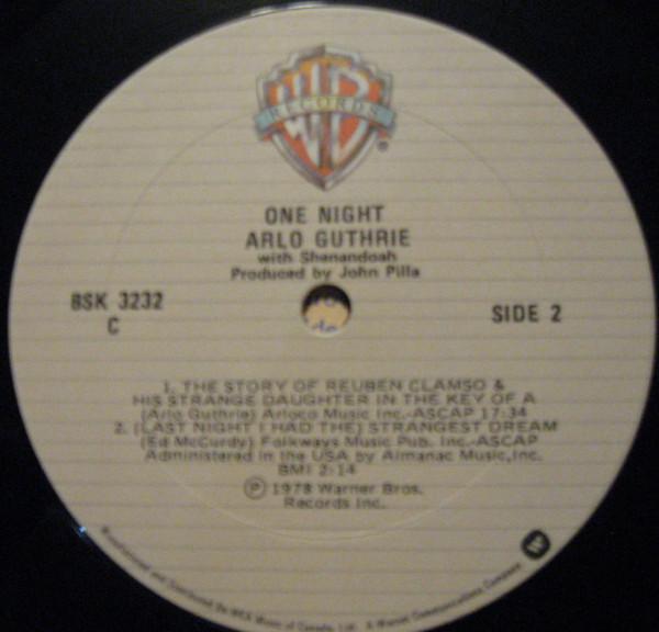 Arlo Guthrie With Shenandoah - One Night | Warner Bros. Records (BSK 3232) - 4