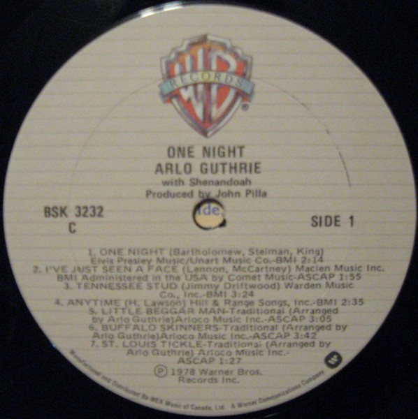 Arlo Guthrie With Shenandoah - One Night | Warner Bros. Records (BSK 3232) - 3