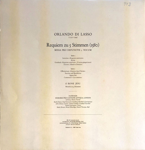 Roland de Lassus , Pro Cantione Antiqua , Bruno Turner - Missa Pro Defunctis 5 Vocum (1580) | Deutsche Harmonia Mundi (HMI 73074) - 4