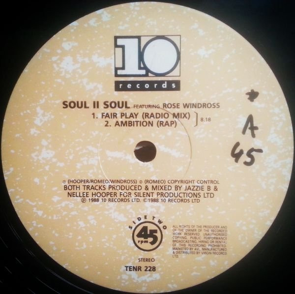 Soul II Soul Featuring Rose Windross - Fair Play / Ambition Rap | 10 Records (TENR 228) - 3 Soul II Soul Featuring Rose Windross - Fair Play / Ambition Rap | 10 Records (TENR 228) - 3