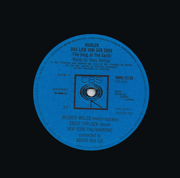 Bruno Walter Conducts Gustav Mahler - New York Philharmonic ; Mildred Miller , Ernst Haefliger - Das Lied Von Der Erde | CBS (SBRG72126 (MS 6426)) - 3