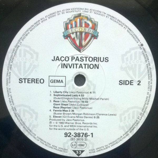 Jaco Pastorius - Invitation | Warner Bros. Records (92-3876-1) Jaco Pastorius - Invitation | Warner Bros. Records (92-3876-1)