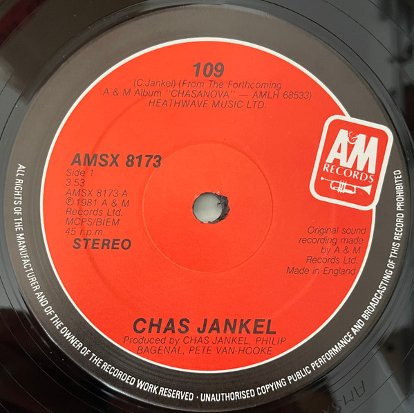 Chas Jankel - One Oh Nine / 3,000,000 Synths | A&M Records (AMSX 8173) - main