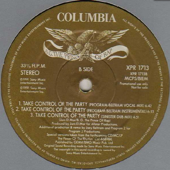 B.G. The Prince Of Rap - Take Control Of The Party | Columbia (XPR 1713) - main