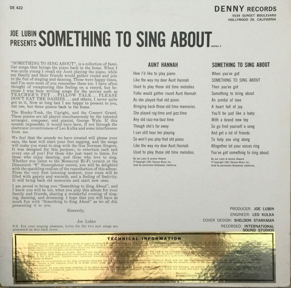 Joe Lubin Presents The Gus Norman Singers - Joe Lubin Presents Something To Sing About Series 1 | Denny Records (DE-422) - 2