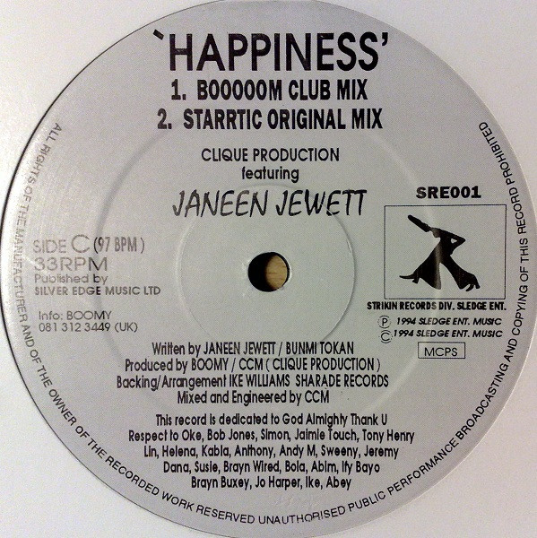 Clique Production Featuring Janeen Jewett - Happiness | Sledge Entertainment UK (SRE001)