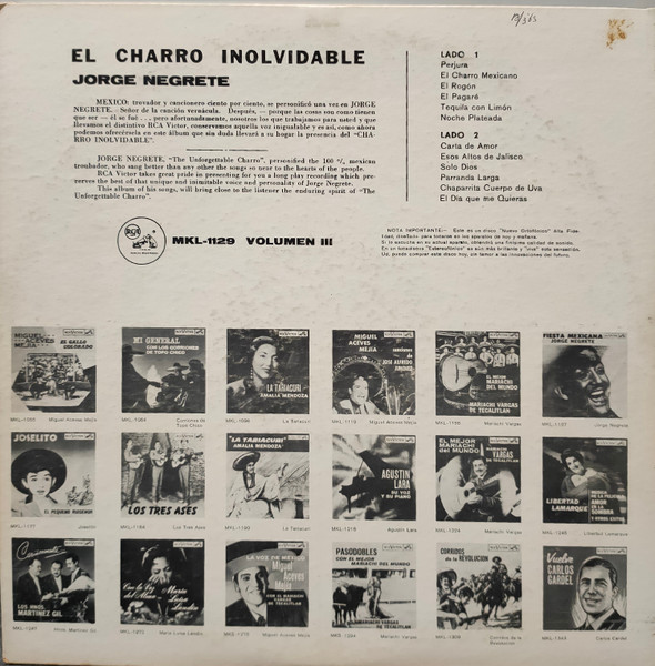 Jorge Negrete - Perjura Y Otros Éxitos - El Charro Inolvidable - Vol. III | RCA Victor (MKL-1129) - 2