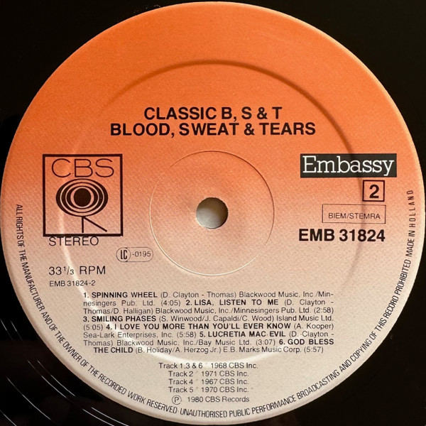 Blood, Sweat And Tears - Classic B, S & T | Embassy (EMB 31824) - 4