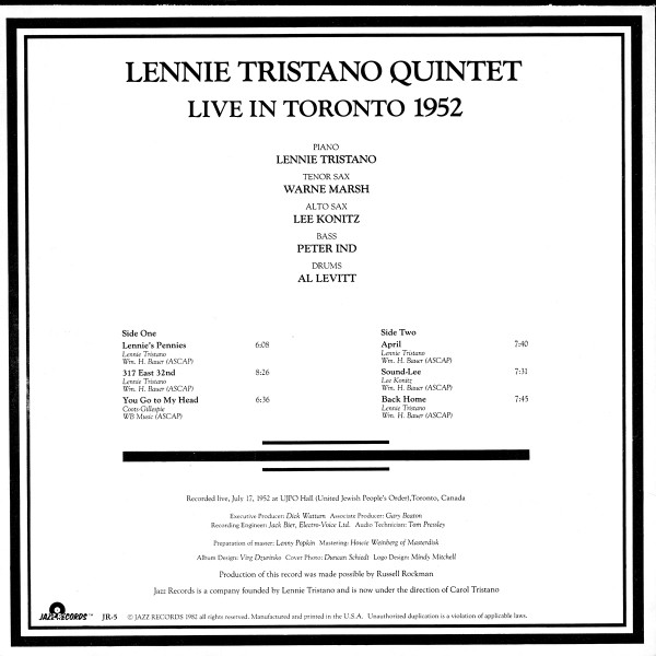 Lennie Tristano Quintet Featuring Warne Marsh And Lee Konitz - Live In Toronto 1952 | Jazz Records (JR-5) - 2 Lennie Tristano Quintet Featuring Warne Marsh And Lee Konitz - Live In Toronto 1952 | Jazz Records (JR-5) - 2