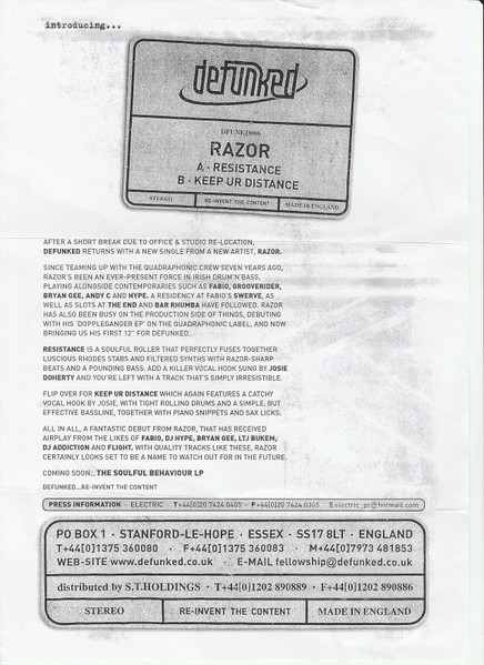 Razor - Resistance / Keep Ur Distance | Defunked (DFUNKD006) - 3