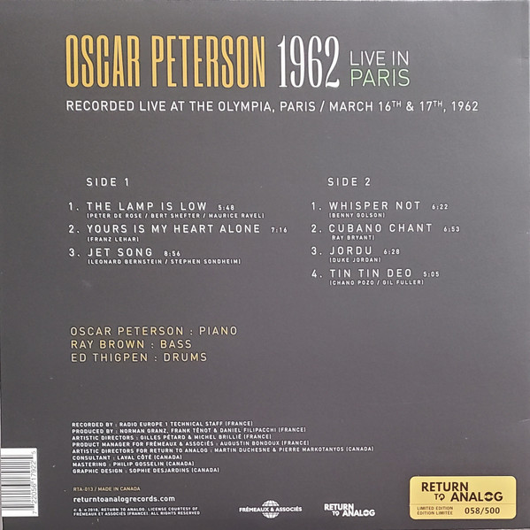 Oscar Peterson - Live In Paris 1962 | Return To Analog (RTA-013) - 2