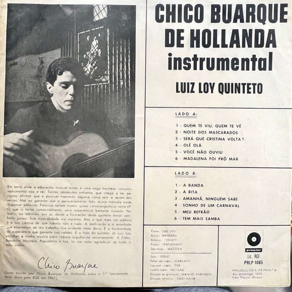 Luiz Loy Quinteto - Interpreta Chico Buarque De Hollanda | Premier (PRLP 1085) - 2