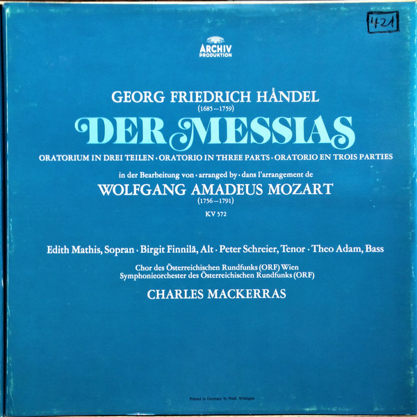 Georg Friedrich Händel Arrangement Wolfgang Amadeus Mozart , Edith Mathis , Sopran · Birgit Finnilä , Alt · Peter Schreier , Tenor · Theo Adam , Bass, ORF-Chor , ORF Symphonieorchester , Sir Charles Mackerras - Messias (3LP - Boxset) [Vinyl] | Archiv Produktion (2723 019) - 2