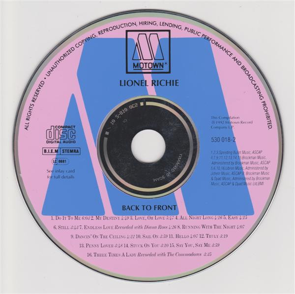 Lionel Richie - Back To Front | Motown (530 018-2) - 3