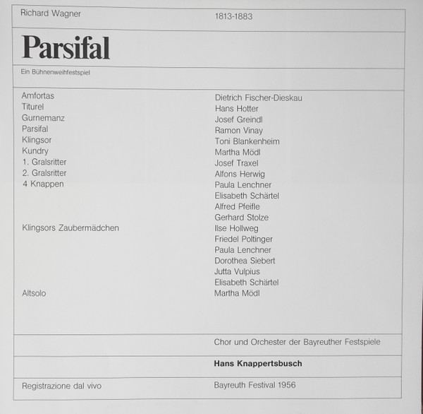 Richard Wagner - Ramón Vinay , Martha Mödl , Dietrich Fischer-Dieskau , Hans Hotter , Josef Greindl , Toni Blankenheim , Chor der Bayreuther Festspiele & Orchester der Bayreuther Festspiele , Hans Knappertsbusch - Parsifal | Cetra (LO 79) - 2 Richard Wagner - Ramón Vinay , Martha Mödl , Dietrich Fischer-Dieskau , Hans Hotter , Josef Greindl , Toni Blankenheim , Chor der Bayreuther Festspiele & Orchester der Bayreuther Festspiele , Hans Knappertsbusch - Parsifal | Cetra (LO 79) - 2