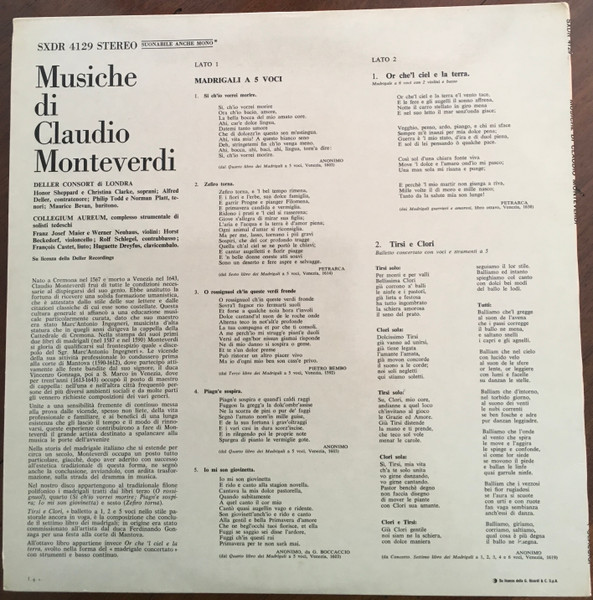 Claudio Monteverdi , Deller Consort - Madrigali A 5 E 6 Voci Tirsi E Clori | Ricordi (SXDR 4129) - 2