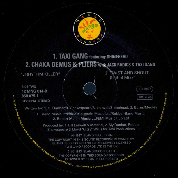 Chaka Demus & Pliers & The Taxi Gang - Twist And Shout / Rhythm Killer | Mango (12 MNG 814) - 4 Chaka Demus & Pliers & The Taxi Gang - Twist And Shout / Rhythm Killer | Mango (12 MNG 814) - 4