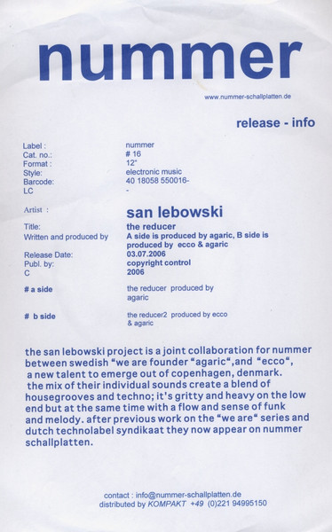 San Lebowski - The Reducer | Nummer-Schallplatten (# 16) - main