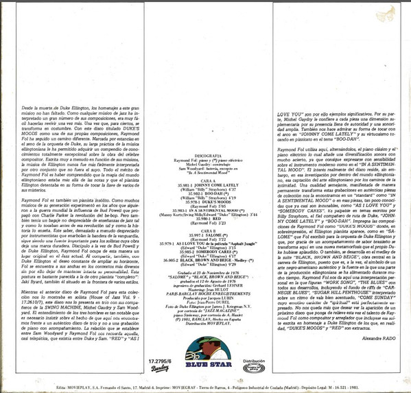 Raymond Fol / Michel Gaudry / Sam Woodyard - Duke's Moods | Barclay (17.2795/6) - 2