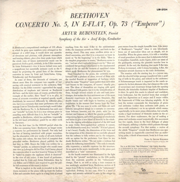 Ludwig van Beethoven , Arthur Rubinstein , Josef Krips , Symphony Of The Air - Concerto No. 5 (Emperor) | RCA Victor Red Seal (LM-2124) - 2 Ludwig van Beethoven , Arthur Rubinstein , Josef Krips , Symphony Of The Air - Concerto No. 5 (Emperor) | RCA Victor Red Seal (LM-2124) - 2
