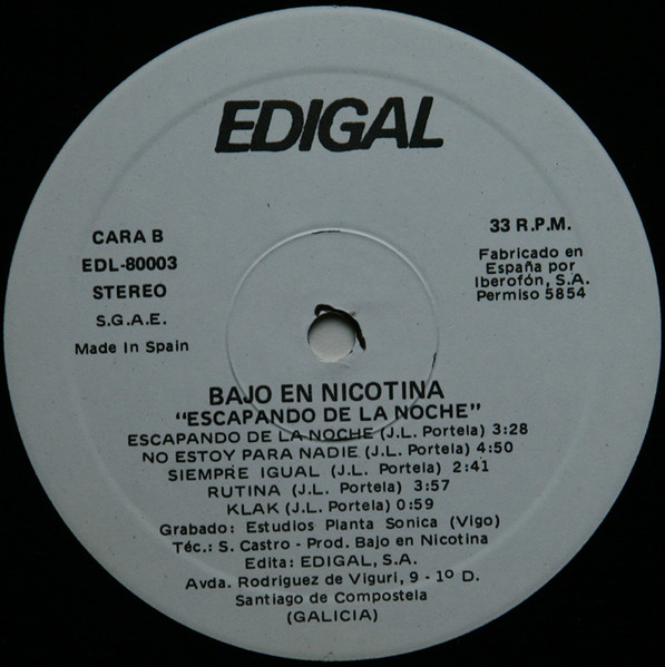 Bajo En Nicotina - Escapando De La Noche | Edigal (EDL-80003) - 4