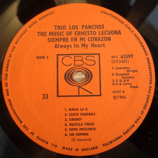 Trio Los Panchos - The Music Of Ernesto Lecuona | CBS (BPG 62597) - 4