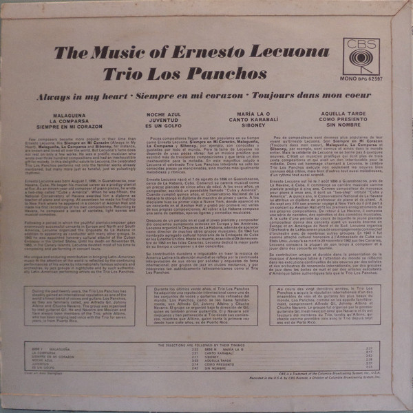 Trio Los Panchos - The Music Of Ernesto Lecuona | CBS (BPG 62597) - 2