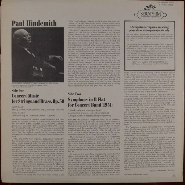 Paul Hindemith And  The Philharmonia Orchestra - Concert Music For Strings And Brass / Symphony In B Flat For Concert Band | Seraphim (S-60005) - main