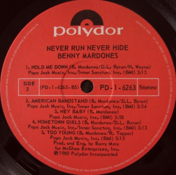 Benny Mardones - Never Run Never Hide | Polydor (PD-1-6263) - 4