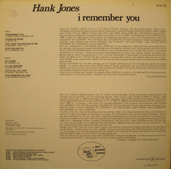 Hank Jones - I Remember You | Black And Blue (33122) - 2