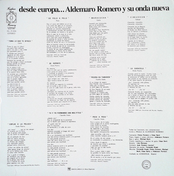 Aldemaro Romero Y Su Onda Nueva - Toma Lo Que Te Ofrecì - Desde Europa... | Harmony (HL-9.036) - 2 Aldemaro Romero Y Su Onda Nueva - Toma Lo Que Te Ofrecì - Desde Europa... | Harmony (HL-9.036) - 2