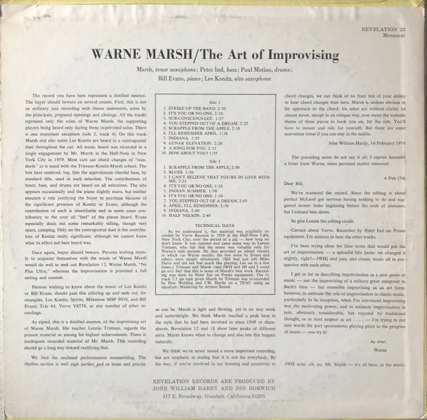 Warne Marsh - The Art Of Improvising | Revelation Records (Revelation 22) - 2 Warne Marsh - The Art Of Improvising | Revelation Records (Revelation 22) - 2
