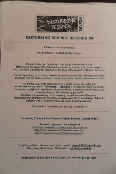 Nero / DJ Panik - I'm In Too Deep / The Highest Technique | Disturbing Science Records (DST004)