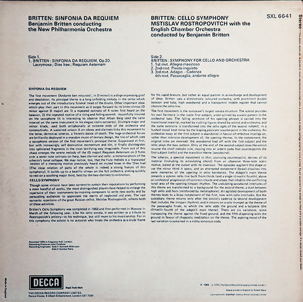 Benjamin Britten , Mstislav Rostropovich - Sinfonia Da Requiem / Cello Symphony | Decca (SXL 6641) - 2