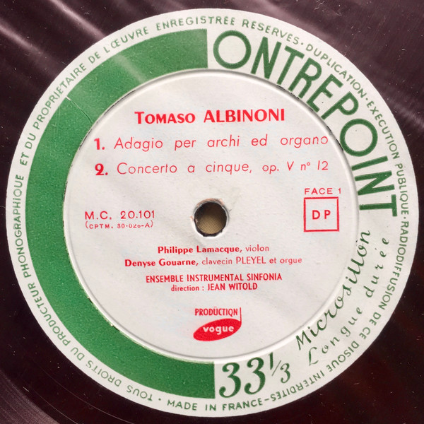 Tomaso Albinoni , Philippe Lamacque , Denyse Gouarne , Ensemble Instrumental Sinfonia , Jean Witold - Adagio Per Archi Ed Organo | Contrepoint (M.C. 20.101) - 4