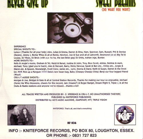 2 Xperience Featuring Cru-L-T - Sweet Dreams (Do What You Want) / Never Give Up | Kniteforce Records (KF 036) - 2 2 Xperience Featuring Cru-L-T - Sweet Dreams (Do What You Want) / Never Give Up | Kniteforce Records (KF 036) - 2
