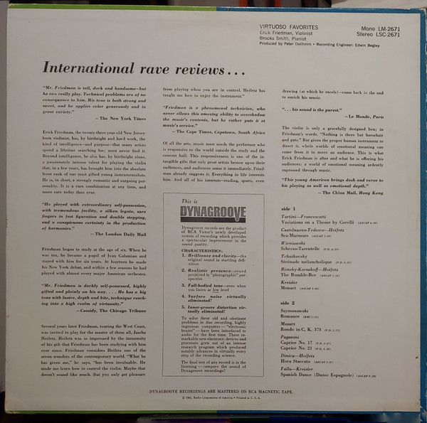 Erick Friedman with Brooks Smith - Virtuoso Favorites | RCA Victor Red Seal (LM-2671) Erick Friedman with Brooks Smith - Virtuoso Favorites | RCA Victor Red Seal (LM-2671)