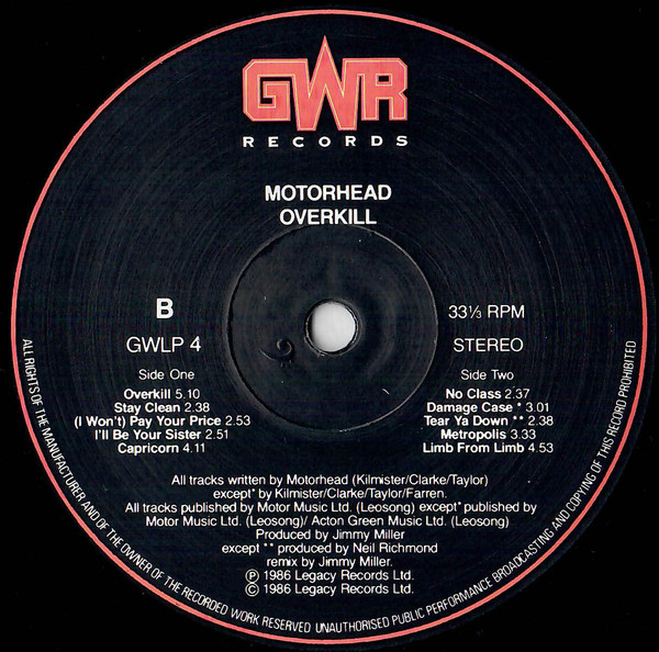 Motörhead - Overkill | GWR Records (GWLP 4) - 4