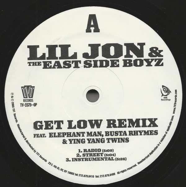 Lil Jon & The East Side Boyz - Get Low (Remix) / Get Low (Merengue Mix) | TVT Records (TV-2379-0P) Lil Jon & The East Side Boyz - Get Low (Remix) / Get Low (Merengue Mix) | TVT Records (TV-2379-0P)